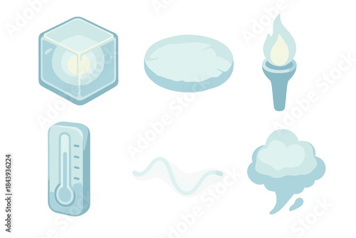 Glacial Energy Icons. Isometric vector illustration set of Glacial Energy Display: glass cube with light core, frost circle on