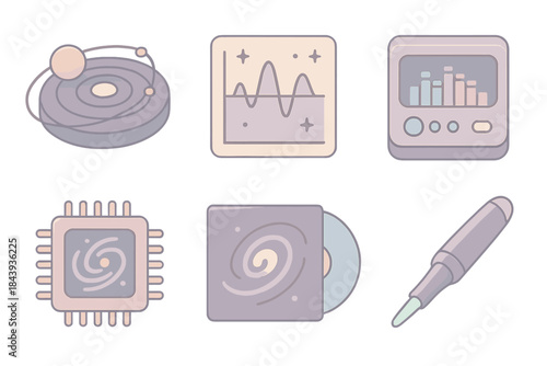 Galactic Sound Icons. Isometric vector illustration set of Galactic Sound Laboratory: orbiting discs, star wave diagram, frequency