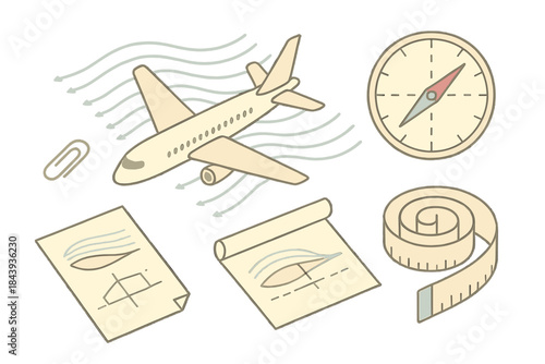 Airflow Study Icons. Isometric vector illustration set of Airflow Study Table: floating airplane, air current lines, compass chart