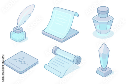 Futuristic Writing Desk. Isometric vector illustration set of Futuristic Writing Desk: glowing quill pen, digital parchment,