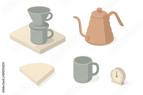 Contemporary Coffee Essentials. Isometric vector illustration set of Contemporary Brew Scene: matte ceramic dripper, minimalist