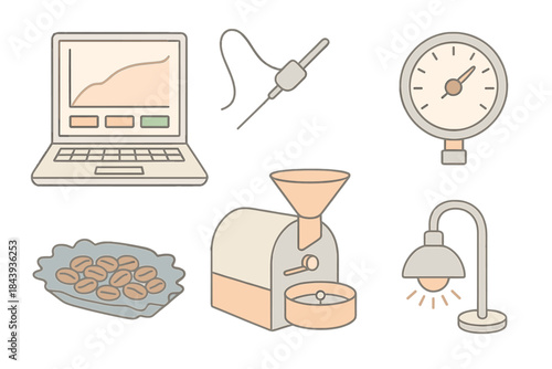 Roast Profile Calibration. Isometric vector illustration set Roast Profile Calibration: computer with roast graph, probe sensor,