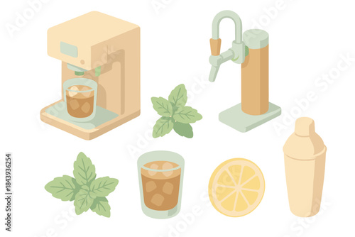 Summer Coffee Bar. Isometric vector illustration set Summer Coffee Bar: countertop coffee maker, cold brew tap, mint leaves