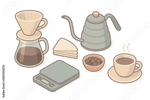 Morning Coffee Essentials. Isometric vector illustration set of Morning Brew Setup: ceramic dripper on glass carafe, gooseneck