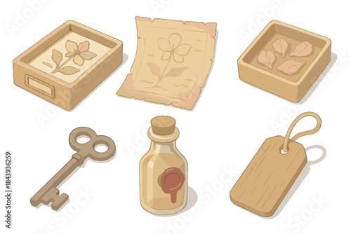 Forgotten Flora Archive. Isometric vector illustration set Forgotten Flora Archive: labeled specimen drawer, faded parchment map,