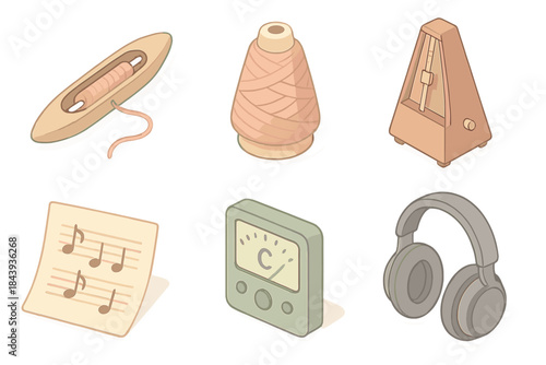 Artisan Sound Tools Icons. Isometric vector illustration set Soundcraft Artisan Tools: weaving shuttle, fiber cone, metronome,