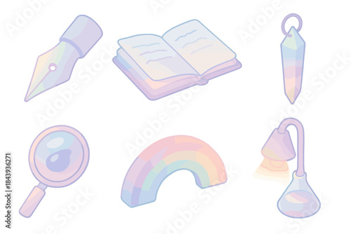 Luminous Script Tools. Isometric vector illustration set Luminous Script Workshop: iridescent pen nib, translucent journal, ink