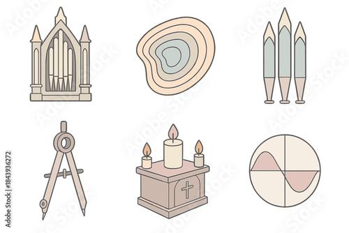 Resonant Cathedral Elements. Isometric vector illustration set Resonant Cathedral Design: organ façade sketch, sound reverberation
