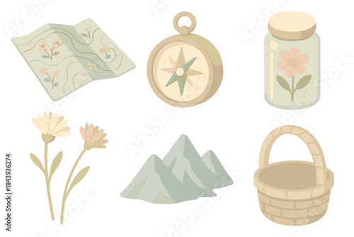 Summit Flower Map. Isometric vector illustration set Summit Flower Cartography: field map with blooms, compass, botanical specimen