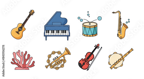 Collection of musical instruments and abstract elements on a white background