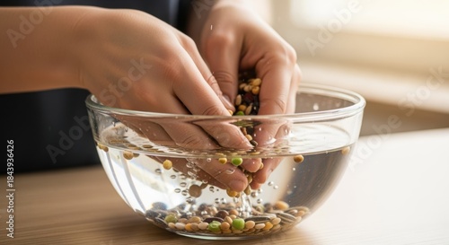 Close medium shot of hands soaking seeds in water before planting to accelerate sprouting and improve overall growth success.