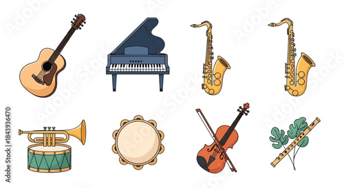 Collection of musical instruments illustrations for design and media