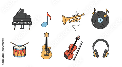 Collection of musical instruments illustrations for design and media
