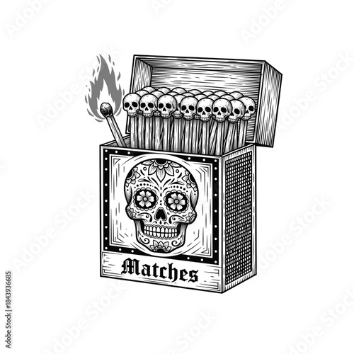 Engraving of a matchbox with human skulls as matchsticks