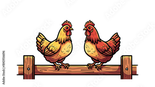 Two Chickens on a Fence - High detailed vector art
