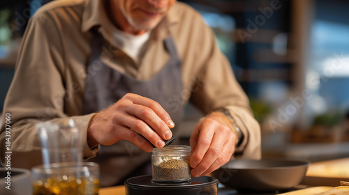 Fototapeta Naklejka Na Ścianę i Meble -  A home chef clicking spice cartridges into a smart cooking device that dispenses blends with precise measurements — kitchen innovation, automated seasoning, and gourmet home dining. cinematic color
