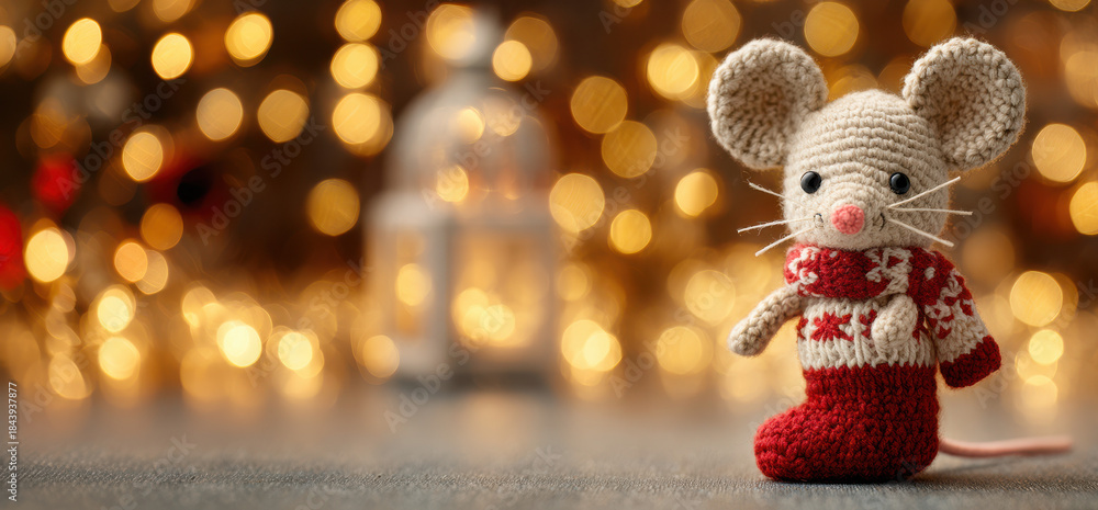custom made wallpaper toronto digitalAdorable crocheted Christmas mouse brings festive charm against a warm glowing light backdrop..Use for gift shop visuals, Christmas market posters, or cozy holiday greeting card designs.