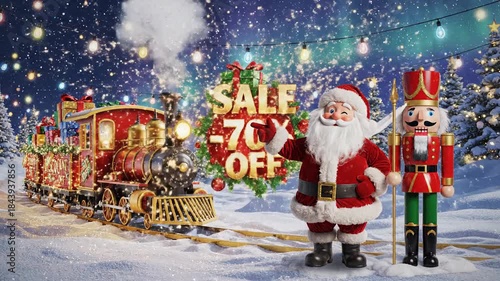Festive holiday scene with a toy train santa claus and a nutcracker