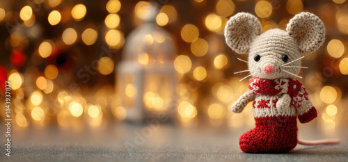 Wallpaper Mural Adorable crocheted Christmas mouse brings festive charm against a warm glowing light backdrop..Use for gift shop visuals, Christmas market posters, or cozy holiday greeting card designs. Torontodigital.ca