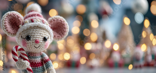 Smiling crochet mouse in holiday sweater holding candy cane, set against dreamy Christmas lights..Perfect for festive blog headers, handmade gift ads, or children's holiday content.