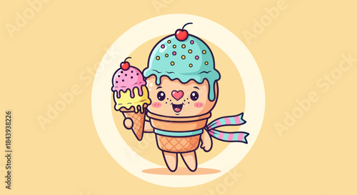 Cartoon ice cream character holding cones with cherry toppings on a yellow backdrop