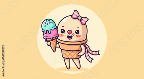 Cartoon ice cream character holding cones with colorful sweet treats