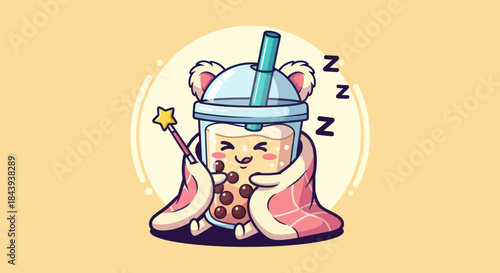 Cartoon illustration of boba tea character with blanket and wand
