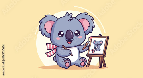 Cartoon koala painting adorable animal artist with brush and easel