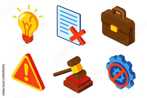 Patent Case Icons. Isometric vector illustration set Patent Infringement Cases: broken lightbulb icon, legal document with red