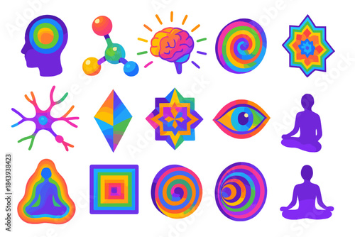 Psychedelic Science Icons. Isometric vector illustration set Psychedelic Science: consciousness icon, molecular chain structure,