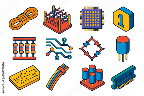 Analog Memory Icons. Isometric vector illustration set Analog Memory: woven core rope, magnetic core lattice, old silicon chip,