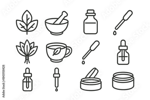 Natural Medicine Icons. Line style icons of Natural Medicine: Herb Leaf, Folk Remedy, Preparation, Ancient Healing; Mortar and