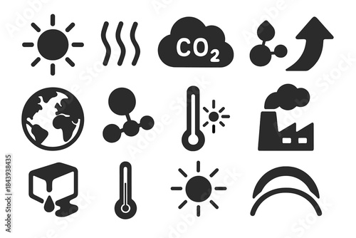 Greenhouse Effect Icons. Solid style icons of Greenhouse Effect: Sun Rays, Heat Waves, Cloud, CO2 Symbol, Rising Arrow, Earth
