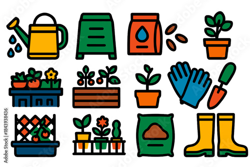 Urban Gardening Icons. Flat vector icons of Urban Gardening: watering can, compost bin, seed packet, potted herb, rooftop planter,