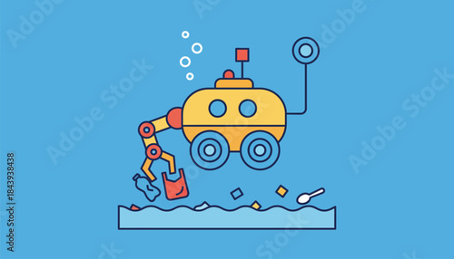 A remotecontrolled robot navigating underwater picking up small plastic items from the ocean floor.
