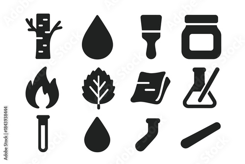Birch Tar Icons. Solid style icons of birch tar and natural resins: birch tree, tar drop, brush, jar, fire flame, leaf, bark piece