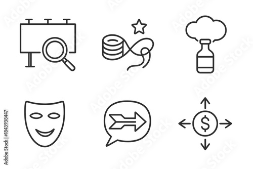 Advertising Icon Set. Line style icons of Advertising Analysis: billboard with magnifier, brand narrative thread, product with