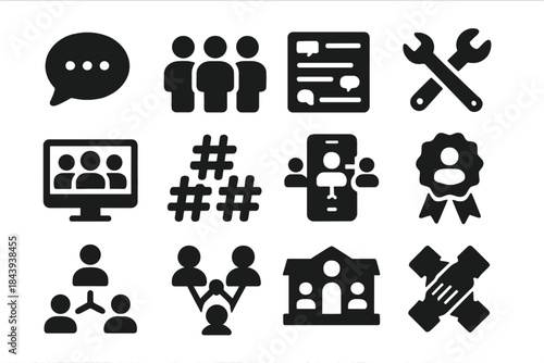Online Community Icons. Solid style icons of online communities: chat bubble circle, group of users, forum thread, shared interest