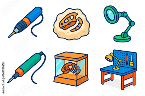 Fossil Lab Essentials. Isometric vector illustration set Fossil Preparation: air scribe tool, plaster jacket, magnifying lamp,