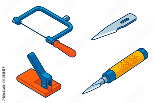 Precision Cutting Tools. Isometric vector illustration set Precision Cutting Instruments: Jeweler’s saw, scalpel blade, veneer