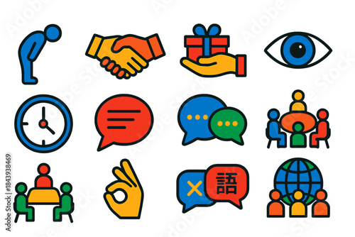 Cultural Negotiation Icons. Flat vector icons of cultural differences in negotiation: bowing figure, handshake greeting, gift
