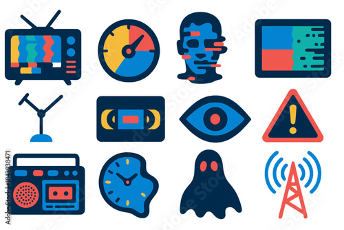 Analog Horror Icons. Flat vector icons of Analog Horror: distorted TV broadcast, unknown frequency dial, glitching human face,