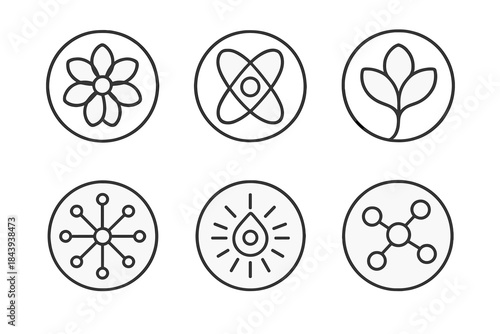 Molecular Bloom Icons. Line style round vector icons of Molecular Spring: chemical flower, atomic loop, circular leaf, radiant