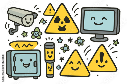 Happy Nuclear Safeguards. Cheerful doodle nuclear safeguards illustration with happy security devices, cartoon warning signs
