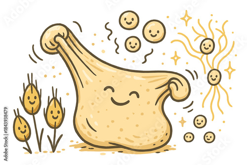 Cheerful Bread-Making Doodles. Playful doodle bread-making scene with happy dough stretching, smiling wheat grains, cartoon yeast