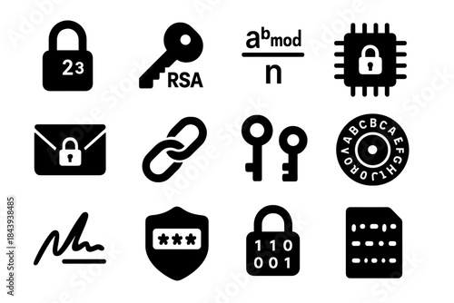 Cryptography Icons Collection. Solid style icons of cryptography applications: padlock with primes, RSA key, modular