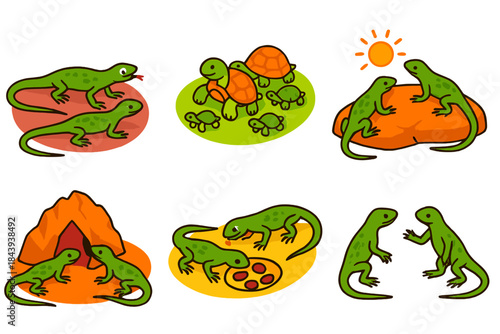 Reptile Social Behavior. Isometric vector illustration set Social learning in reptiles: lizards observing peers, turtle hatchlings