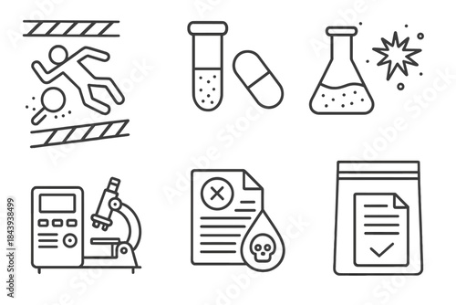 Forensic Mass Spectrometry Icons. Line style icons of Forensic Applications of Mass Spectrometry: crime scene sample, drug residue