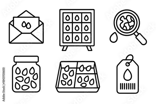 Seed Storage Icons. Line style icons of Seed Identification and Storage: labeled envelope, seed drying rack, magnified seed coat,