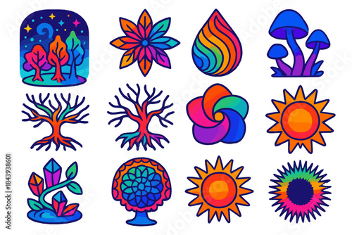 Psychedelic Nature Icons. Isometric vector illustration set Psychedelic Nature: cosmic forest, kaleidoscopic leaf patterns,